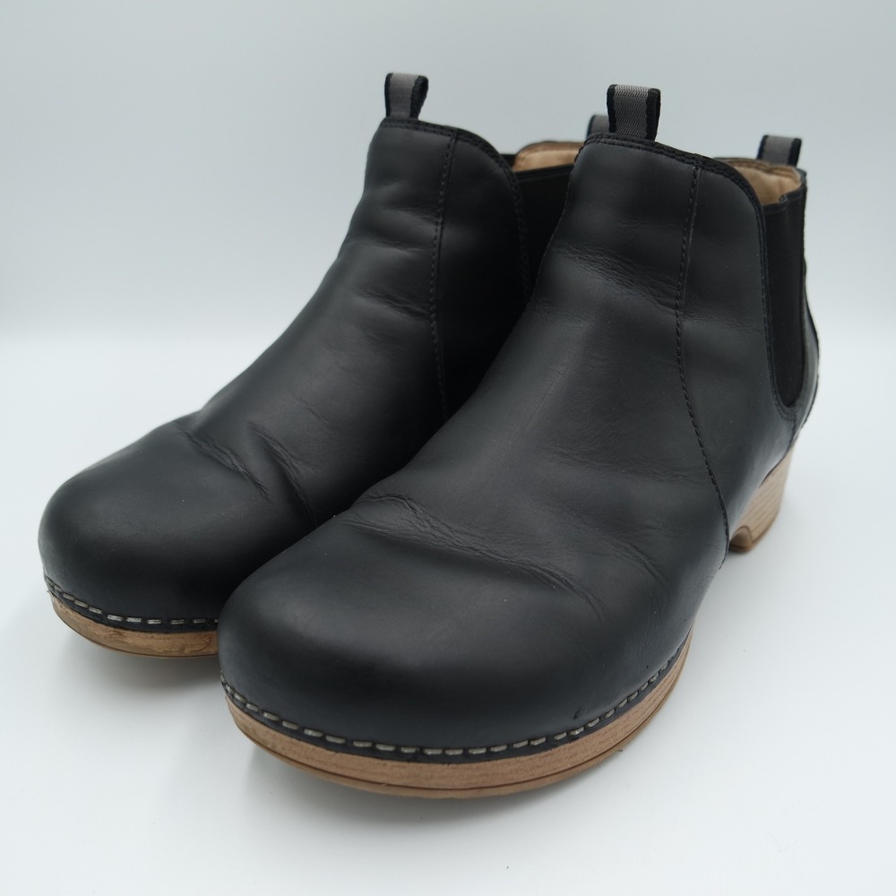 Dansko Becka Black Leather Chelsea Clog Boots Wood Grain Heel 41 Womens 10.5-11